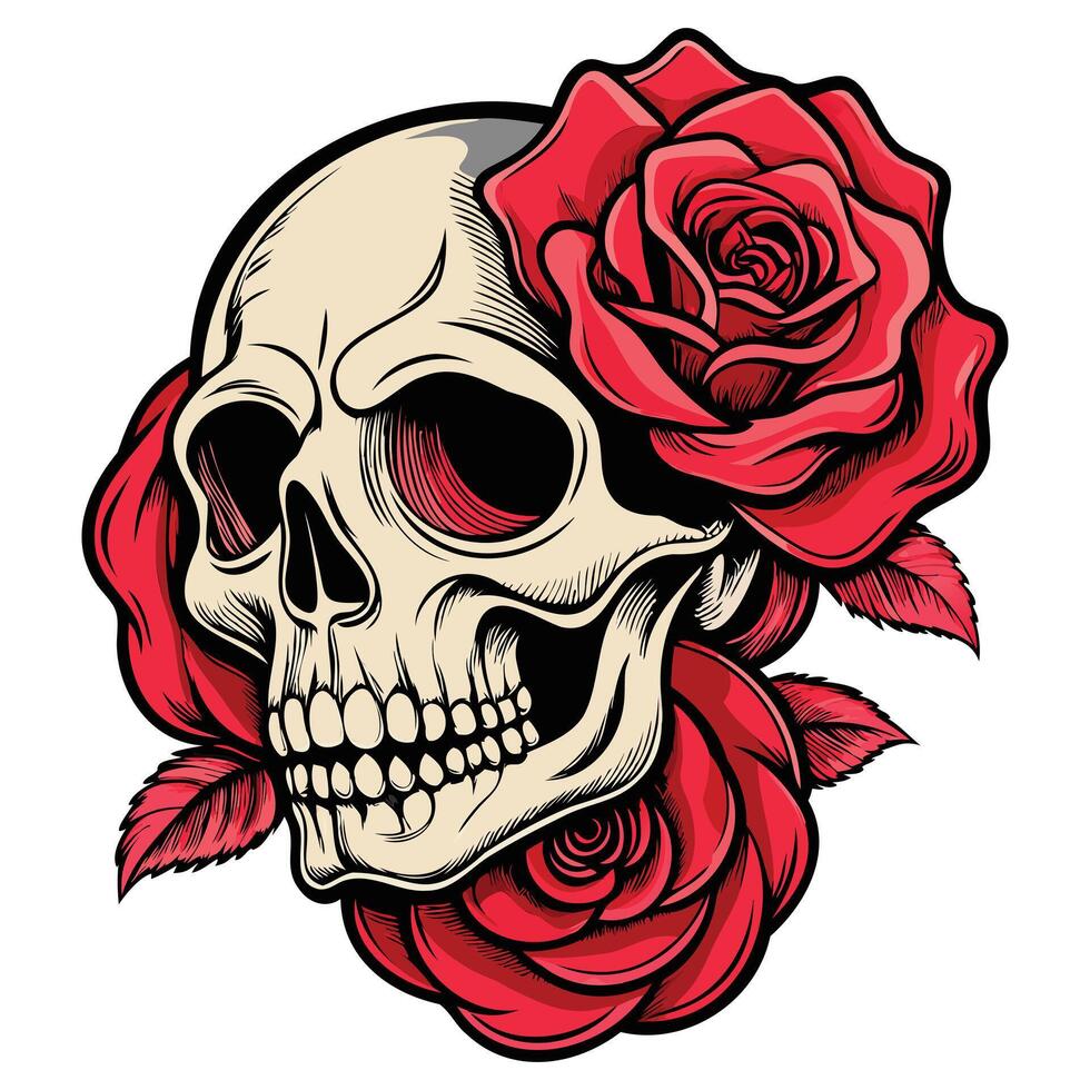 Tattoo Style Skull and Rose Illustration vector