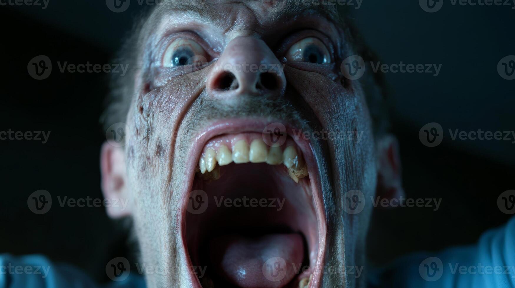 A man screams in terror with distorted features and a shocked expression, capturing a chilling moment in horror photo
