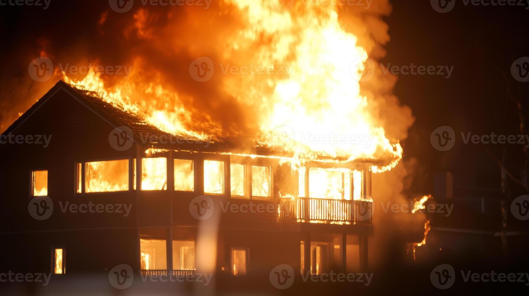 A large house engulfed in flames during a nighttime fire incident, with bright flames illuminating the surroundings and smoke photo