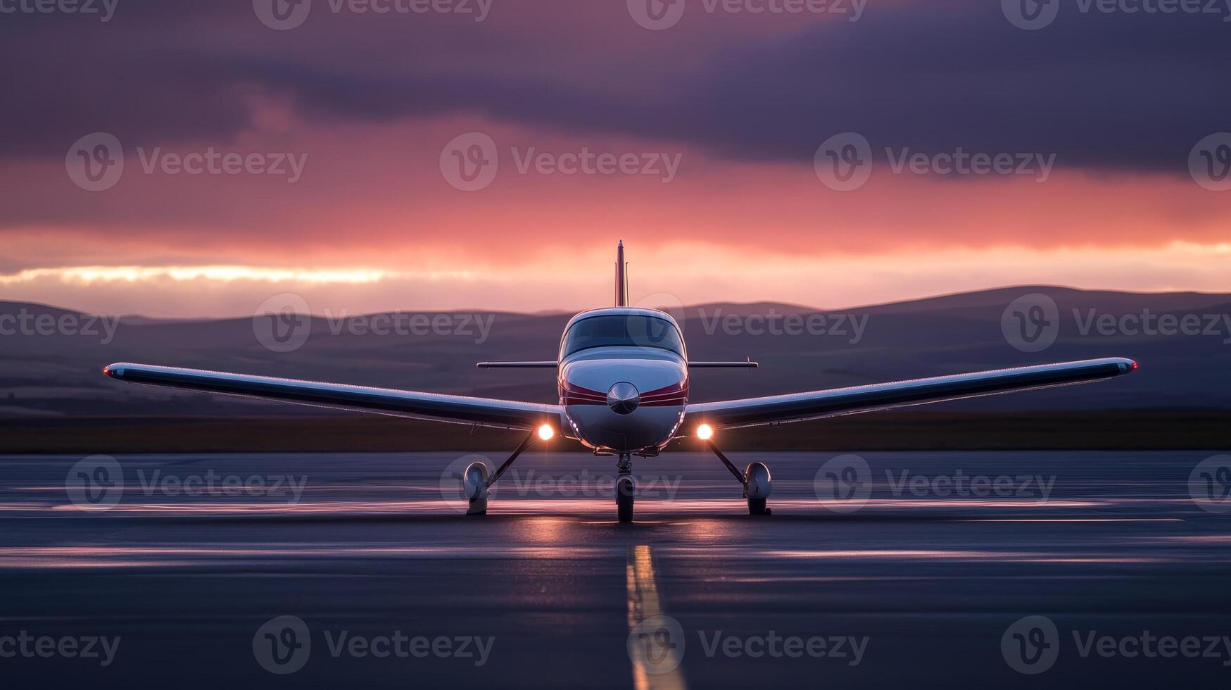 A small aircraft prepares for takeoff at dusk with a vibrant sunset illuminating the runway and surrounding hills photo