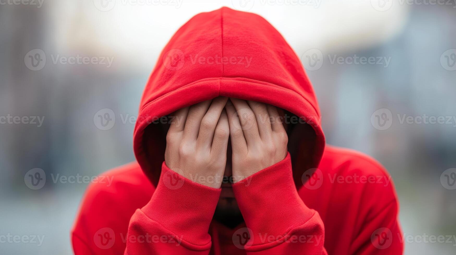 Young person in a red hoodie sitting outdoors with hands covering their face, expressing emotions in a busy urban environment during daylight photo