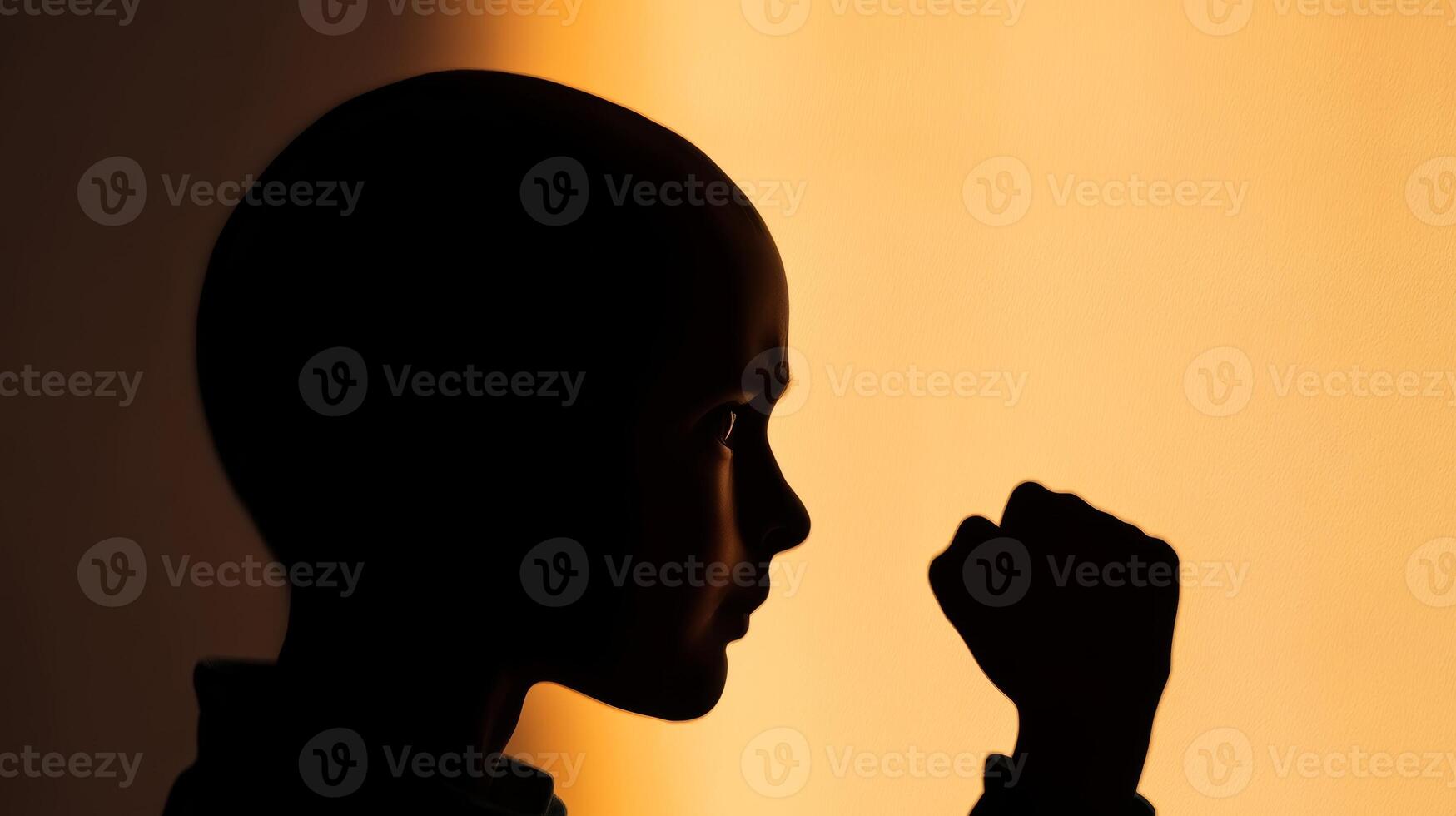 A determined child raising a fist against a glowing background at sunset, symbolizing strength and hope for the future photo