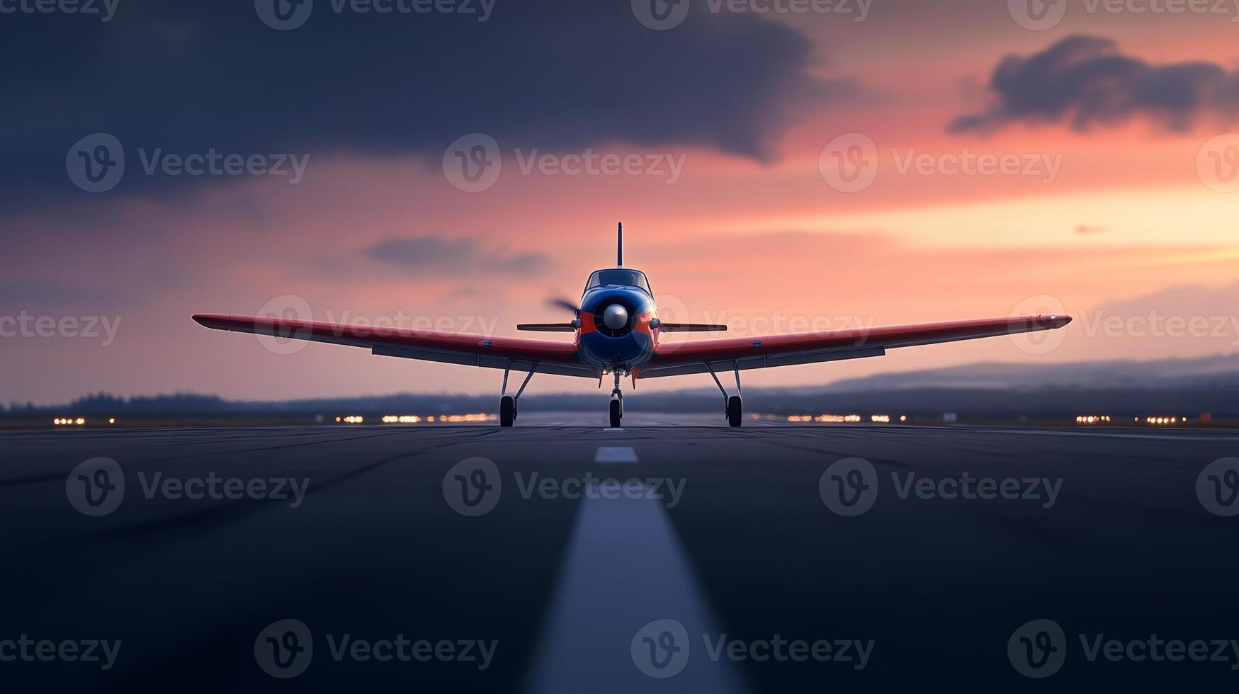 Vintage aircraft prepares for takeoff on a runway at sunset, highlighting its vibrant colors and nostalgic design photo