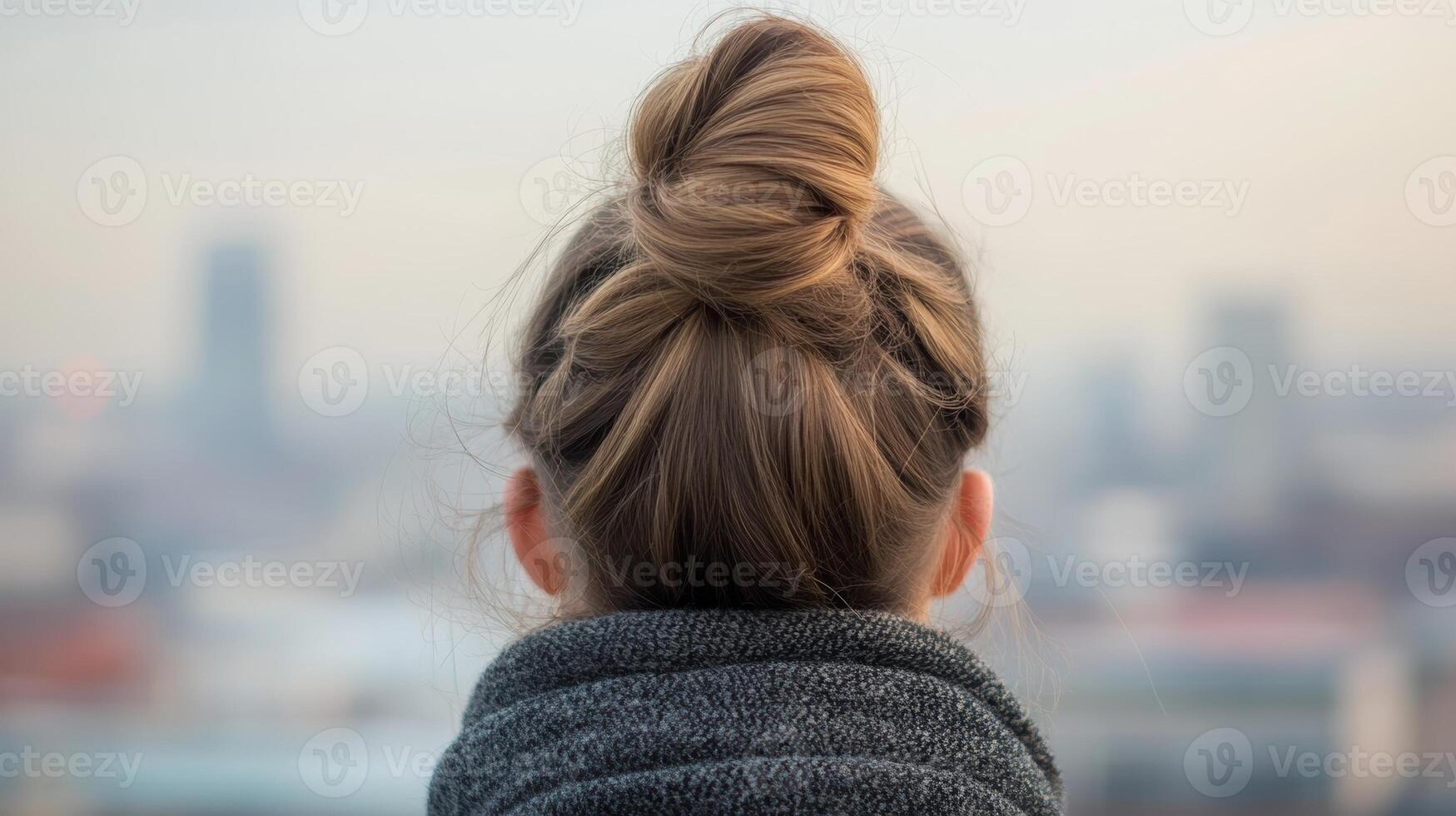 A woman with a bun hairstyle looks out over a city skyline during the early morning hours with a soft haze hanging in the air photo