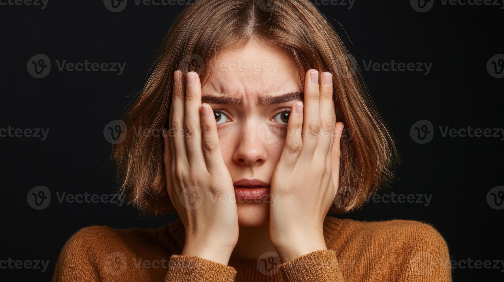 A young woman expresses concern with her hands on her face in a dimly lit setting during an emotional moment of reflection photo