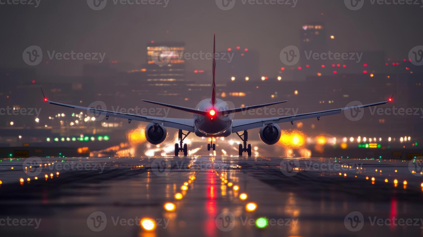 Airplane preparing for takeoff on a rainy evening at an airport with city lights in the background photo