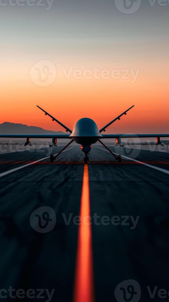 Drone on the runway at sunset with vibrant colors illuminating the sky near the mountains photo