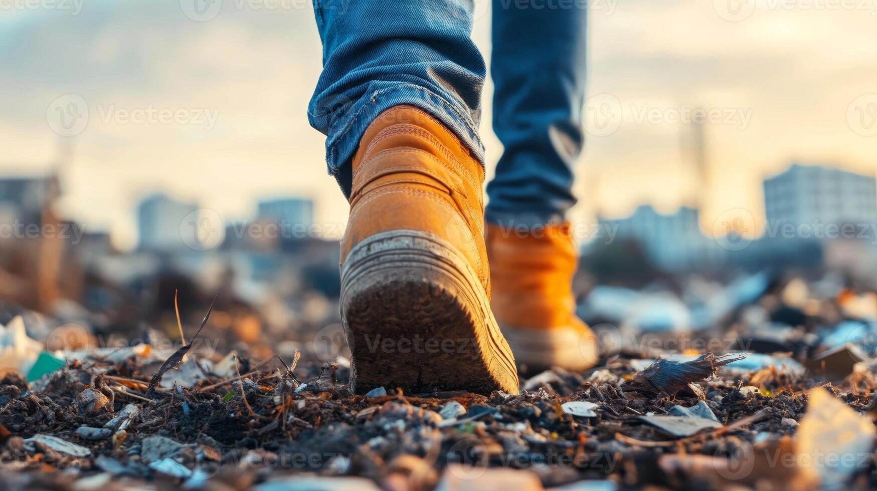 A person walks on a littered path in an urban area during sunset photo
