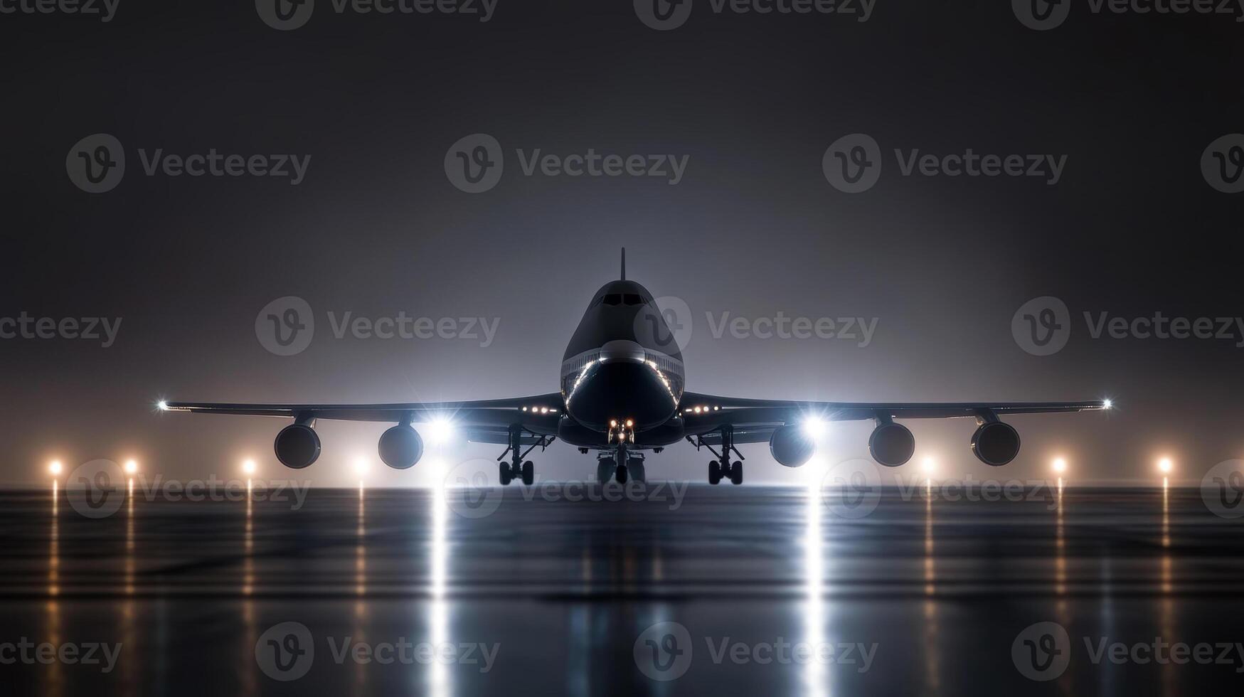 A large passenger airplane prepares for departure at a foggy airport during nighttime with bright runway lights illuminating the scene photo