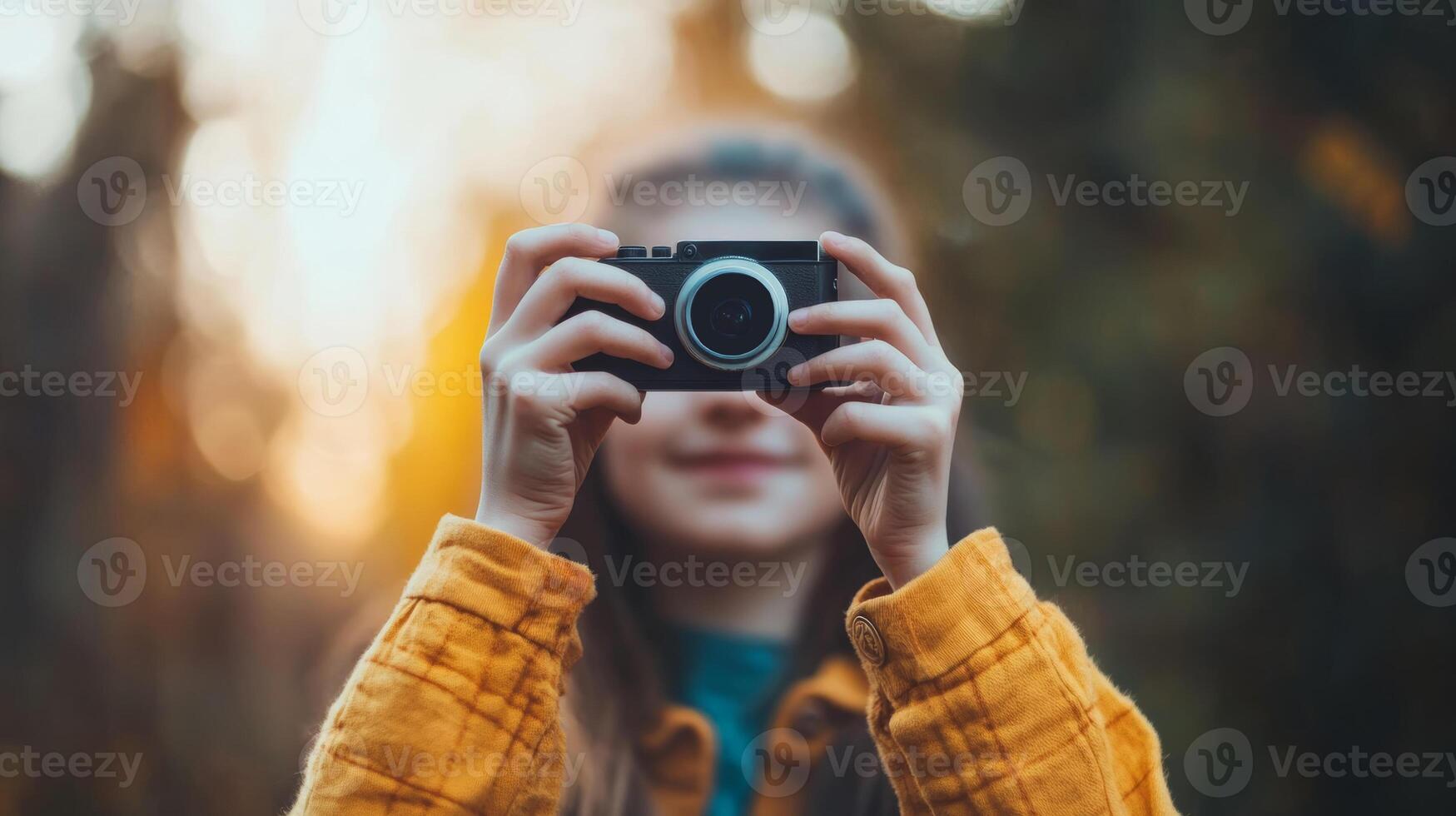 A young girl takes a photo with a camera while enjoying a sunset in a forest during autumn