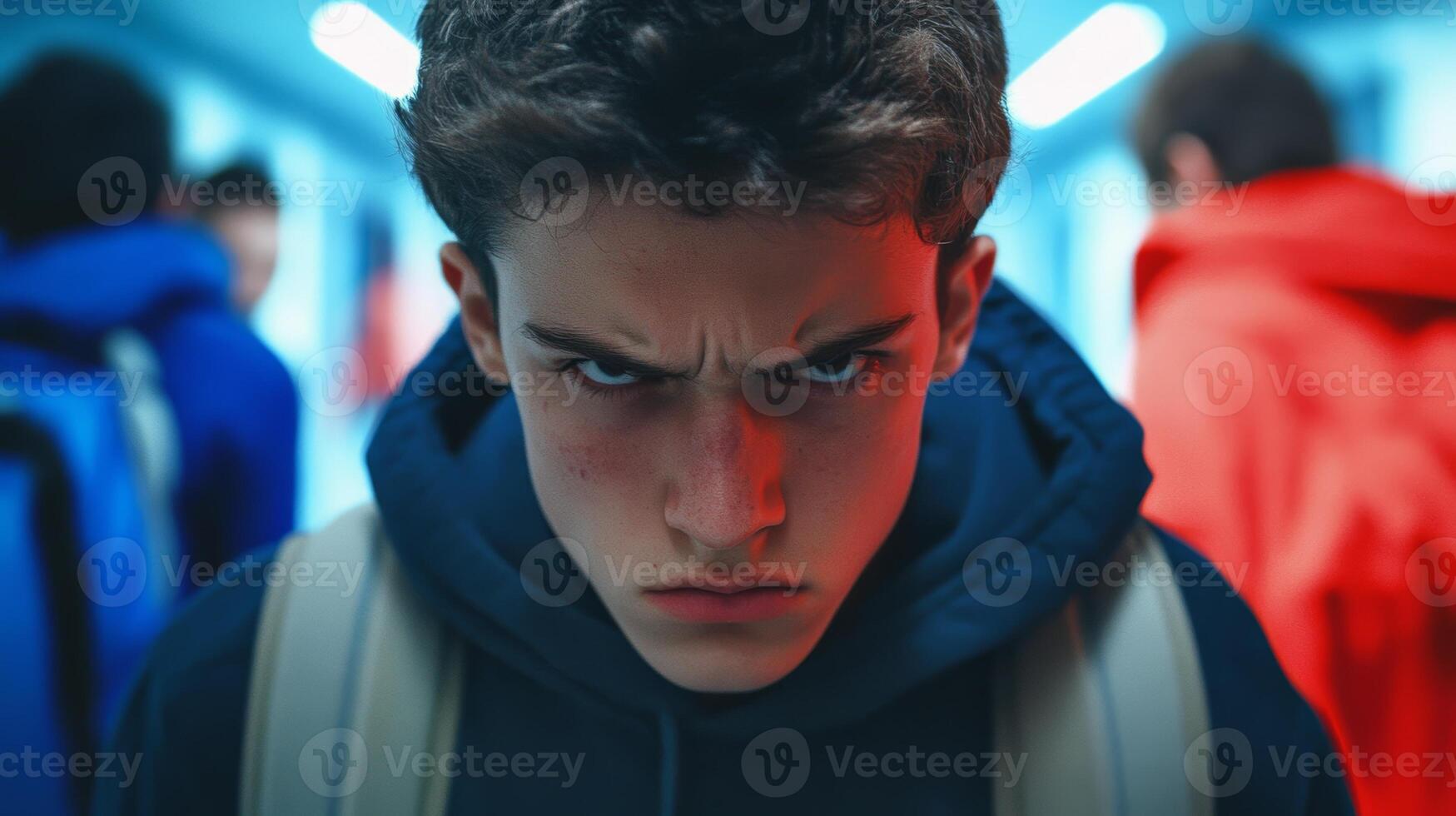 A young man with an intense expression stands in a corridor surrounded by other students wearing colorful jackets after school photo