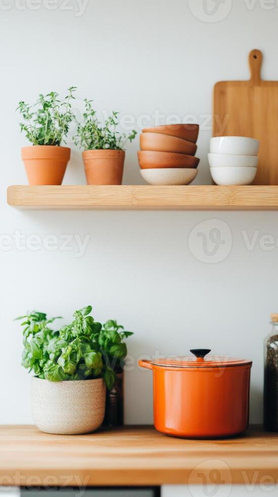 Fresh herbs and colorful cookware adorn a modern kitchen shelf with minimalistic design in natural daylight photo