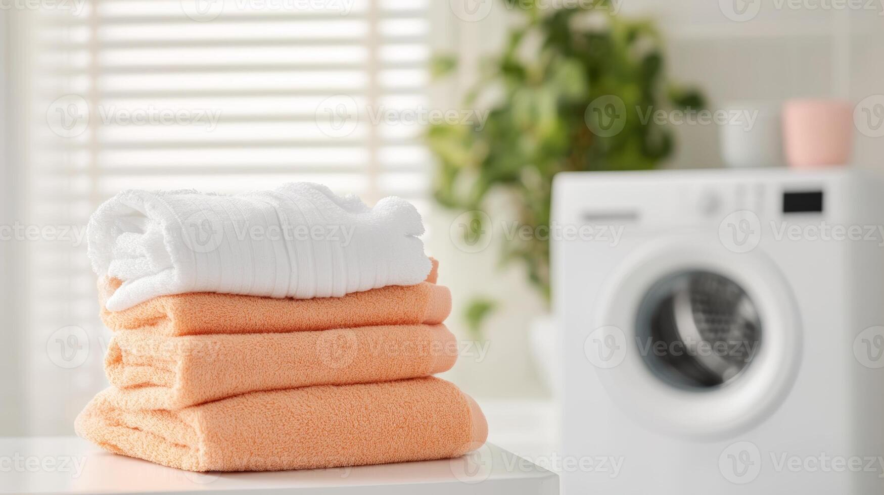 Freshly folded towels beside a washing machine in a bright and tidy laundry room during the day photo