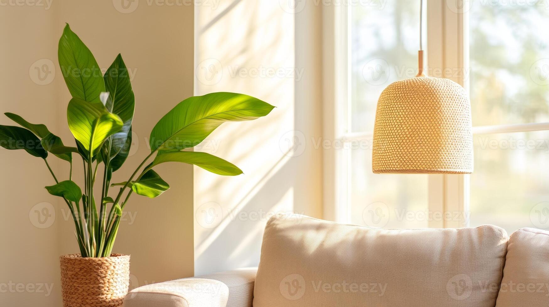 Cozy living room with a stylish lamp and indoor plant in sunlight during late afternoon photo
