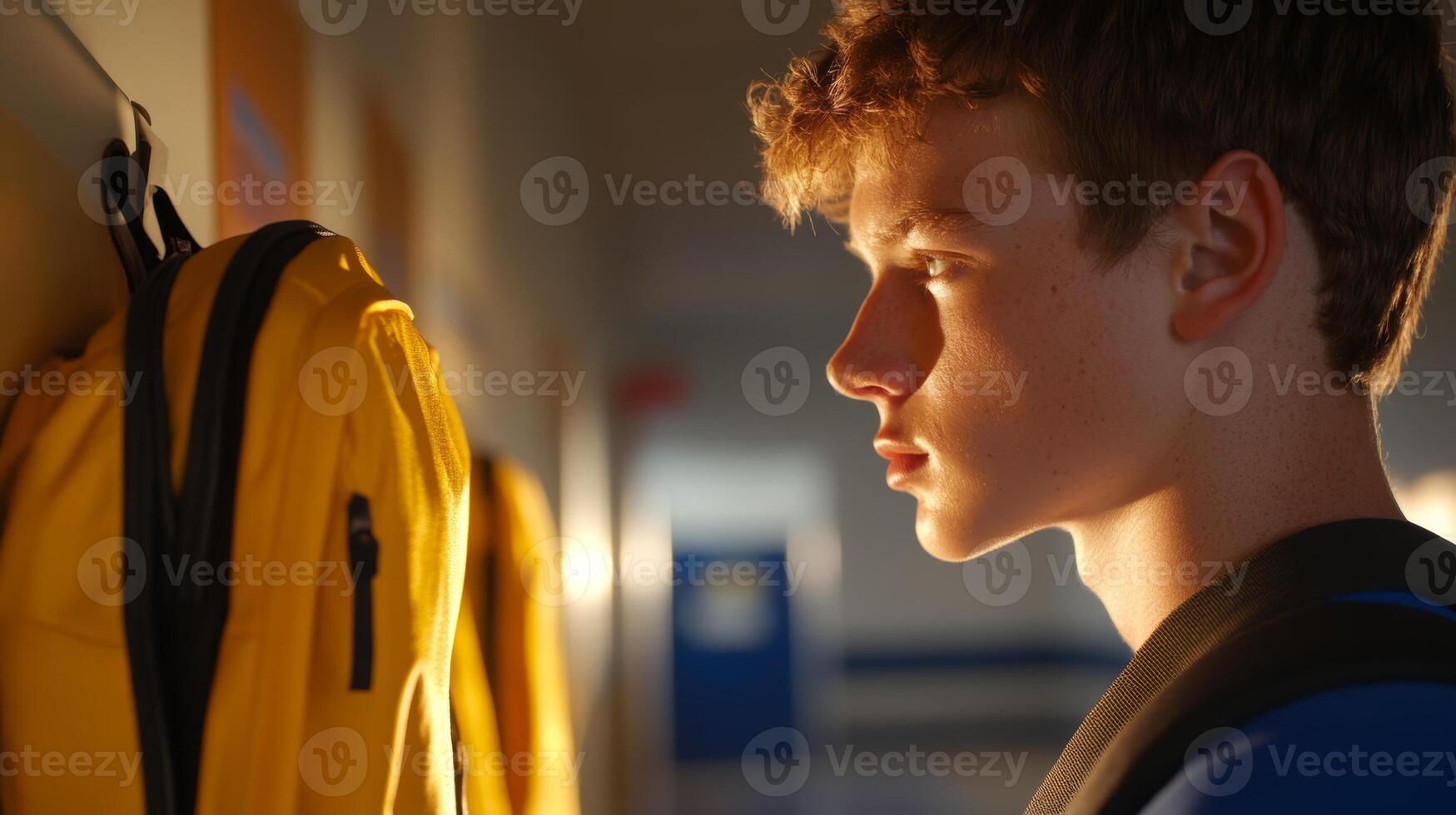Teen boy contemplating next steps while facing lockers in a school hallway during afternoon hours photo