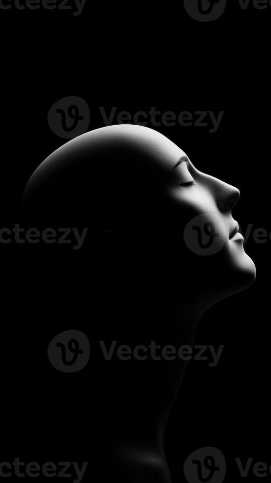 A serene profile of a mannequin with a smooth surface against a black background photo