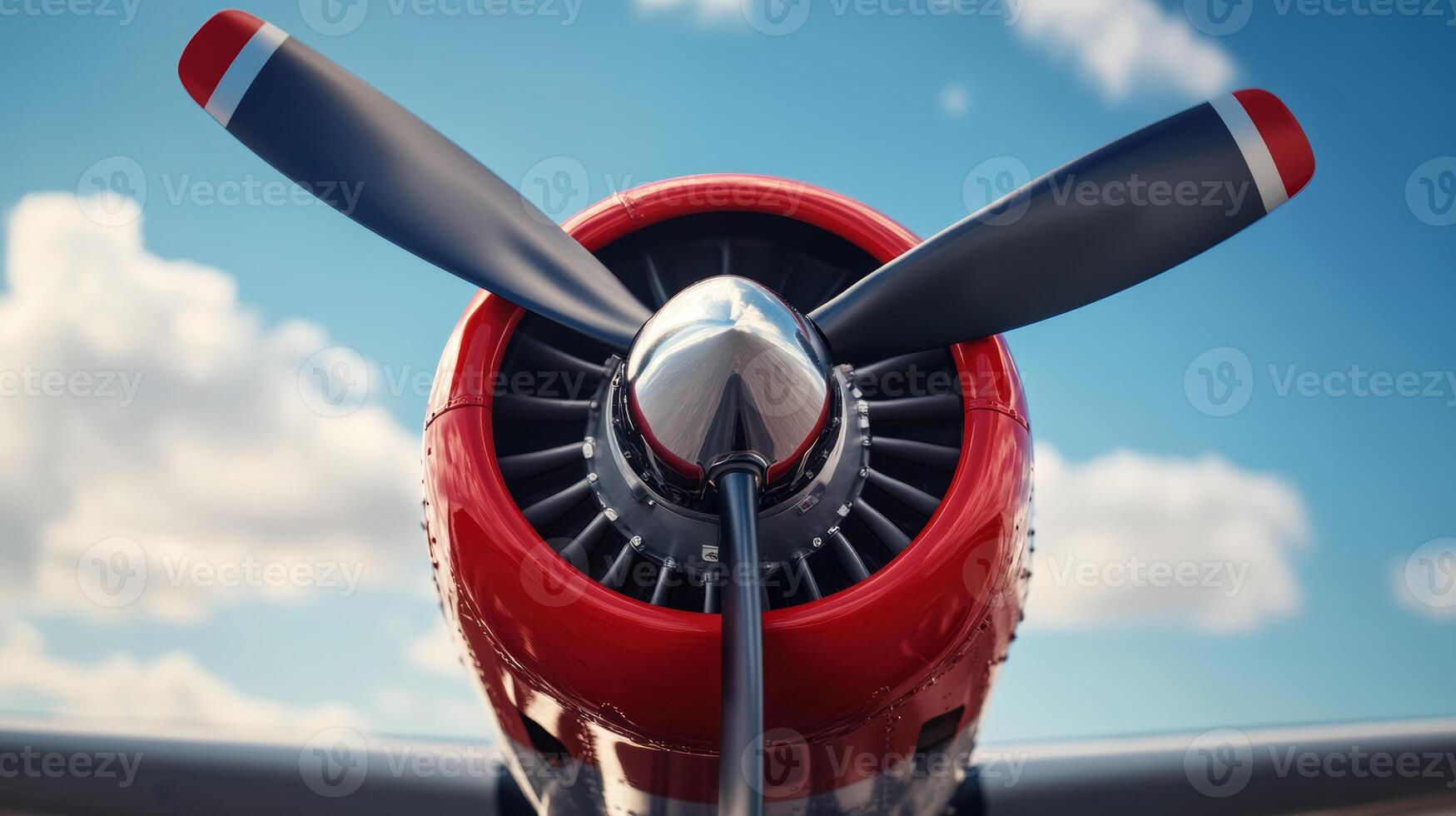 Close-up view of a classic aircraft propeller against a clear blue sky, showcasing intricate details and vibrant colors during a bright day photo