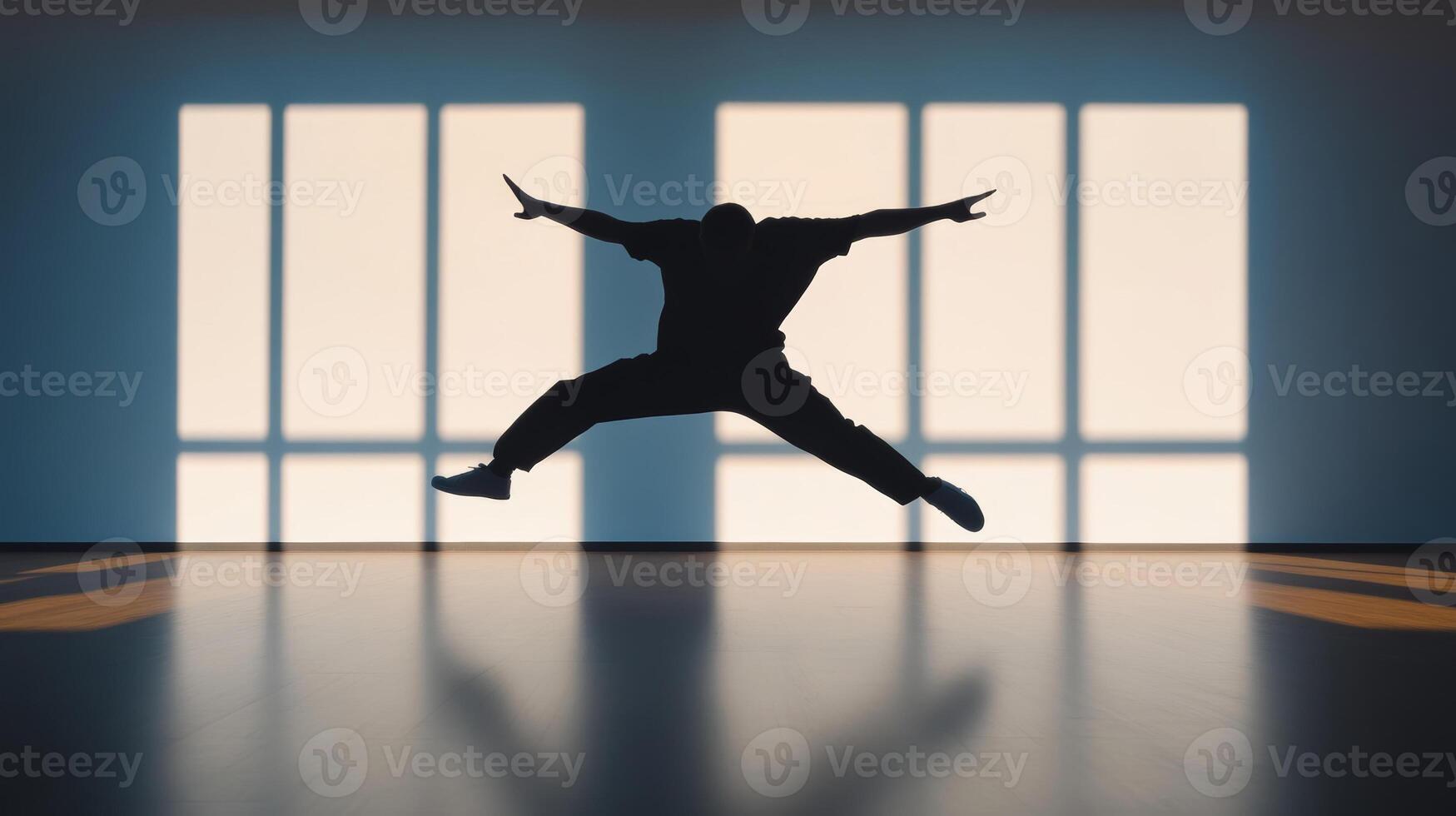 A dancer leaps dramatically in a spacious studio with large windows during a bright afternoon photo