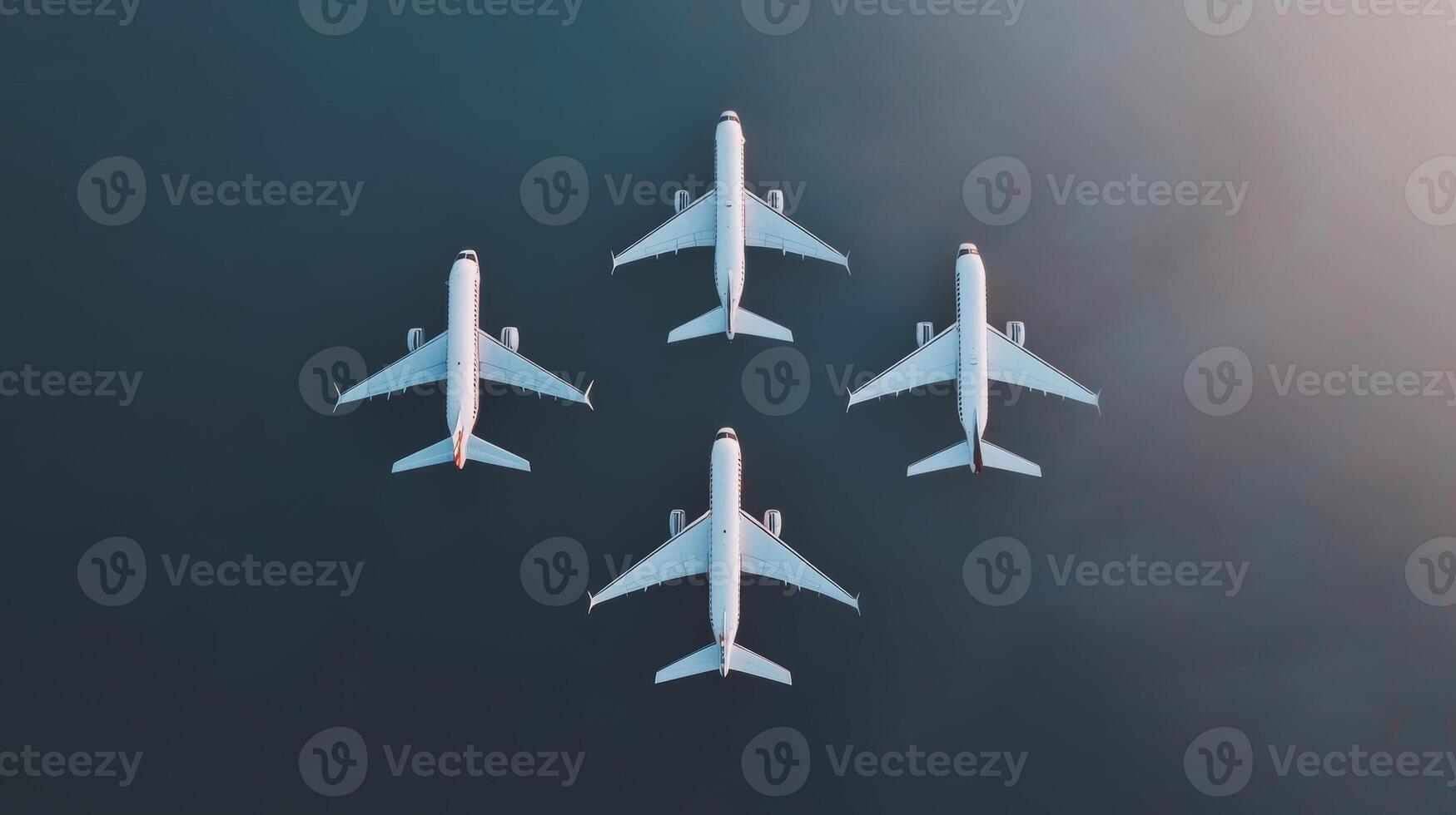 Aerial view of four airplanes flying in formation over a clear blue sky during daylight hours photo