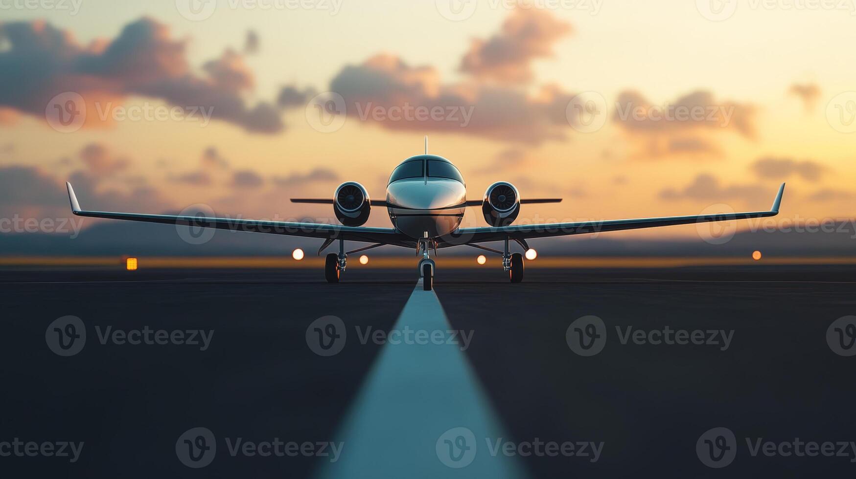 A small aircraft prepares for takeoff under a colorful sunset at the airport runway in the evening light photo
