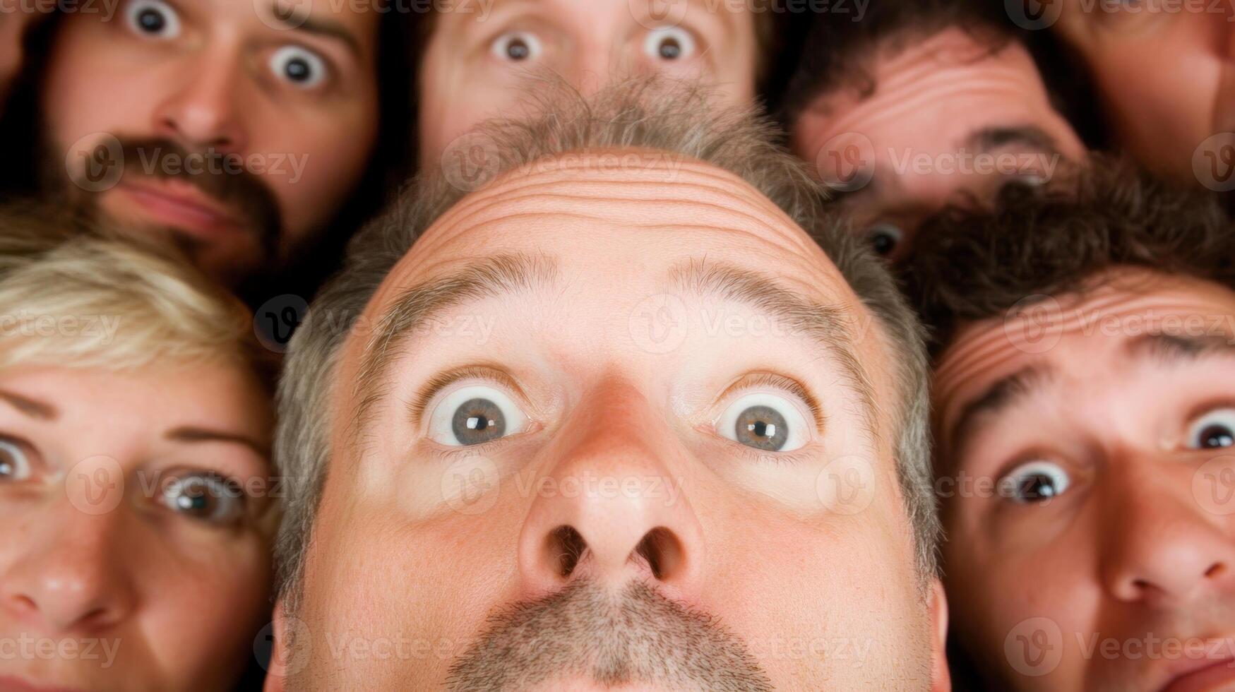 A group of people with surprised faces looking down at the camera in a fun gathering indoors during the daytime photo