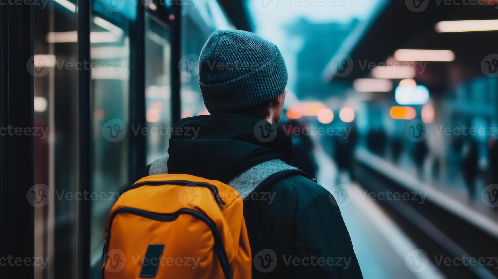 A traveler waits at a busy train station platform in the evening with a yellow backpack and a gray beanie amid a crowd of commuters photo