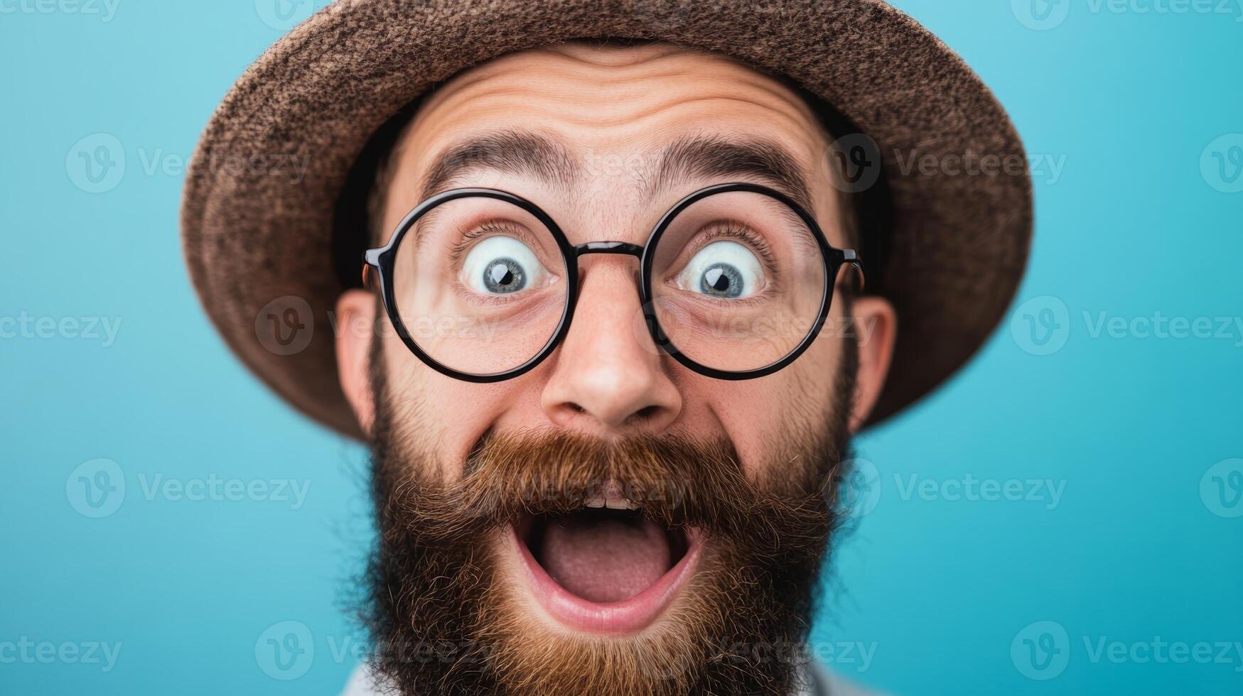 A joyful man with glasses and a hat shows excitement against a blue background during a fun moment photo