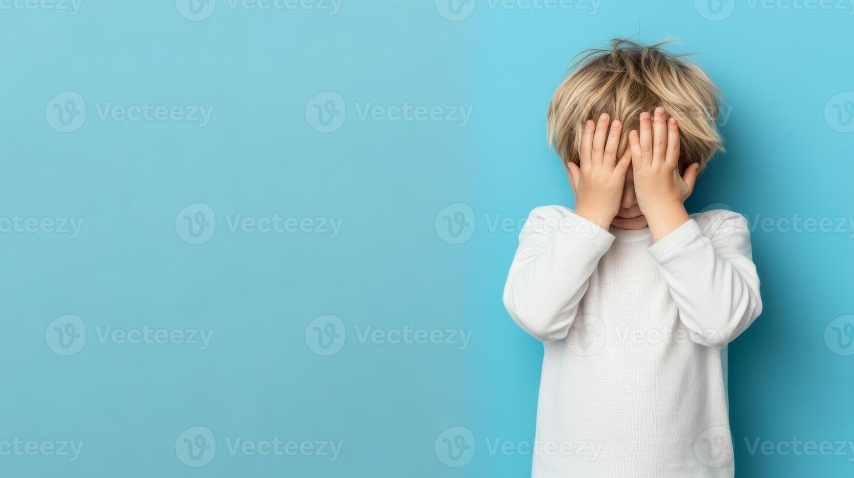A young boy hides his face with his hands, expressing shyness or playfulness against a bright blue background photo
