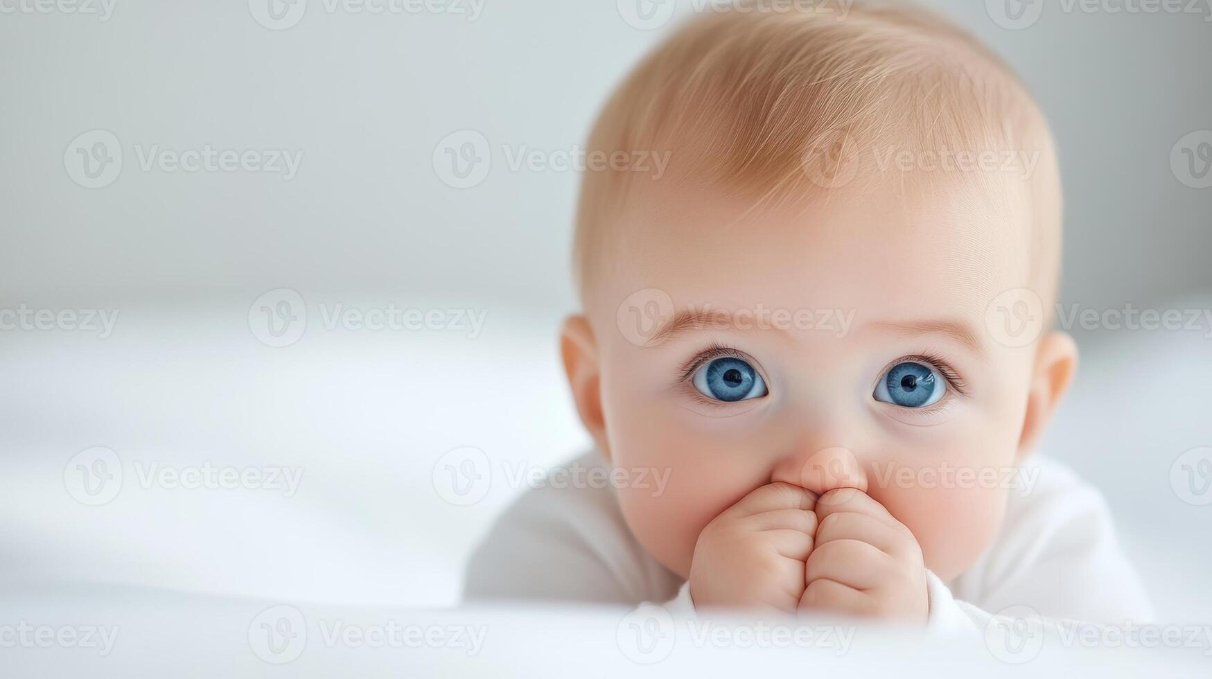 A curious baby with blue eyes explores their surroundings while sucking on fingers in a bright, cozy room at midday photo