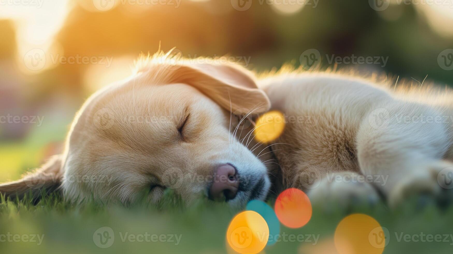A golden retriever puppy peacefully sleeping on the green grass during a sunny afternoon in the park photo