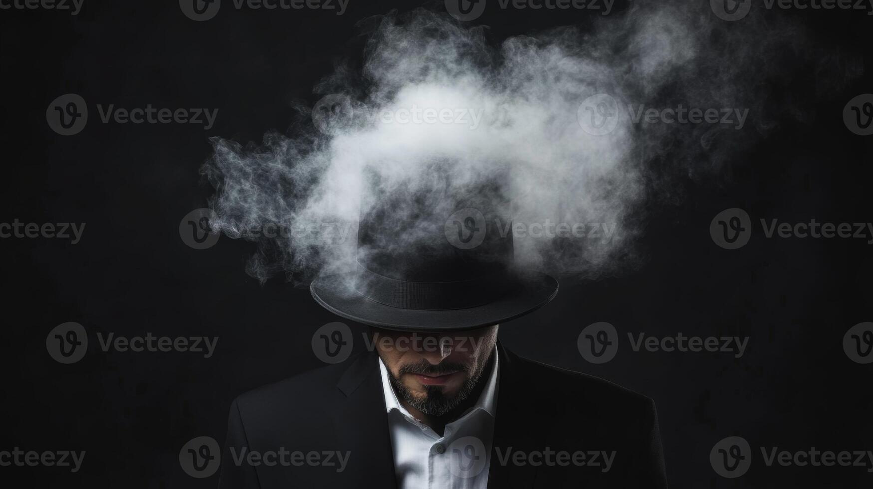 Mysterious man in suit and hat with swirling smoke above his head creates an intriguing, artistic atmosphere in a dark setting photo