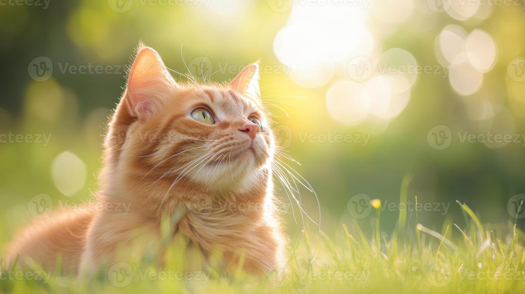 A playful orange cat relaxes on green grass while basking in the warm sunlight in a serene outdoor setting during a sunny day photo