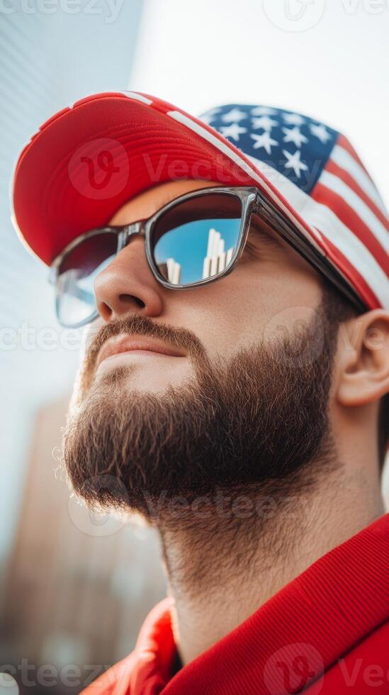 A man wearing sunglasses and a cap with the American flag gazes upward in an urban setting during the daytime photo