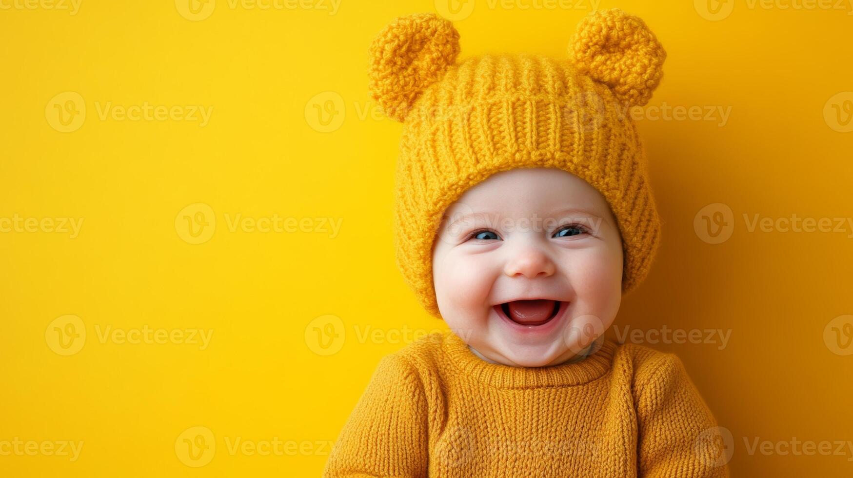 Happy baby in a yellow bear hat smiling against a bright yellow background photo