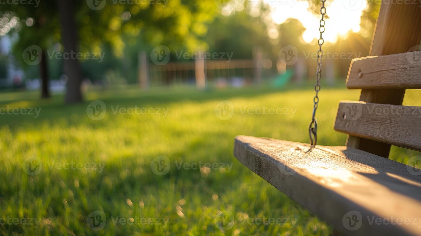 Sunset casts a warm glow on an empty swing in a serene park during the golden hour photo