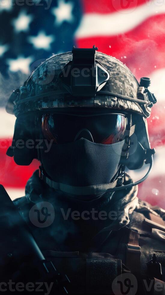 Military soldier wearing combat gear stands in front of the American flag at dusk displaying strength and loyalty to the country photo