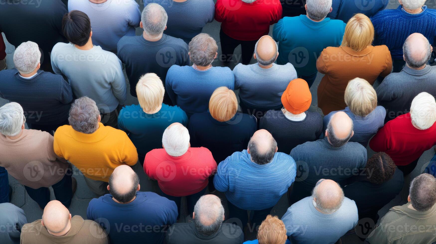 A diverse group of people gathered together from above during a community event in a city photo
