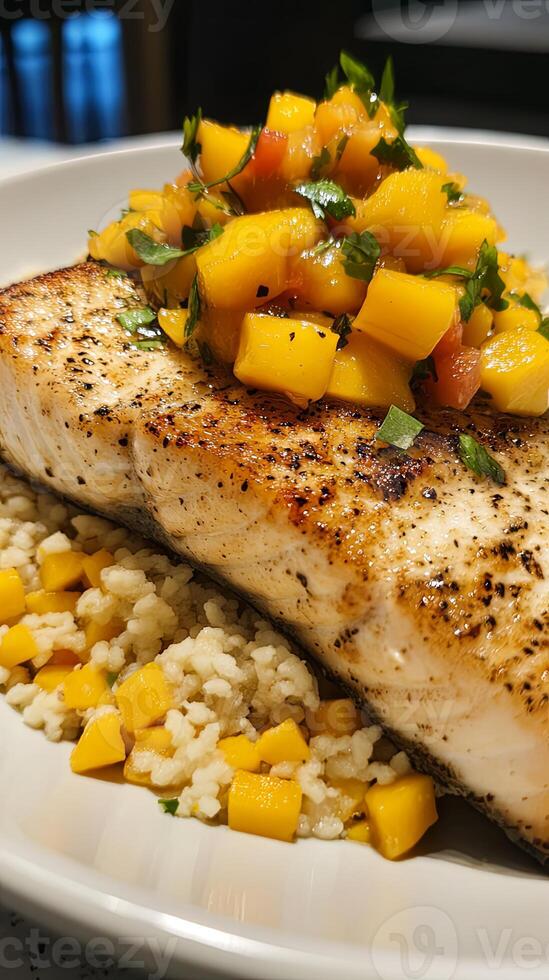 Pan-Seared Salmon with Mango Salsa and Rice photo