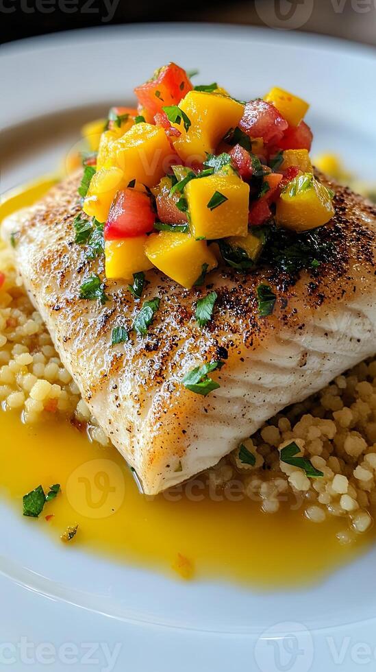 Lightly Seared Fish with Mango Salsa and Orzo photo