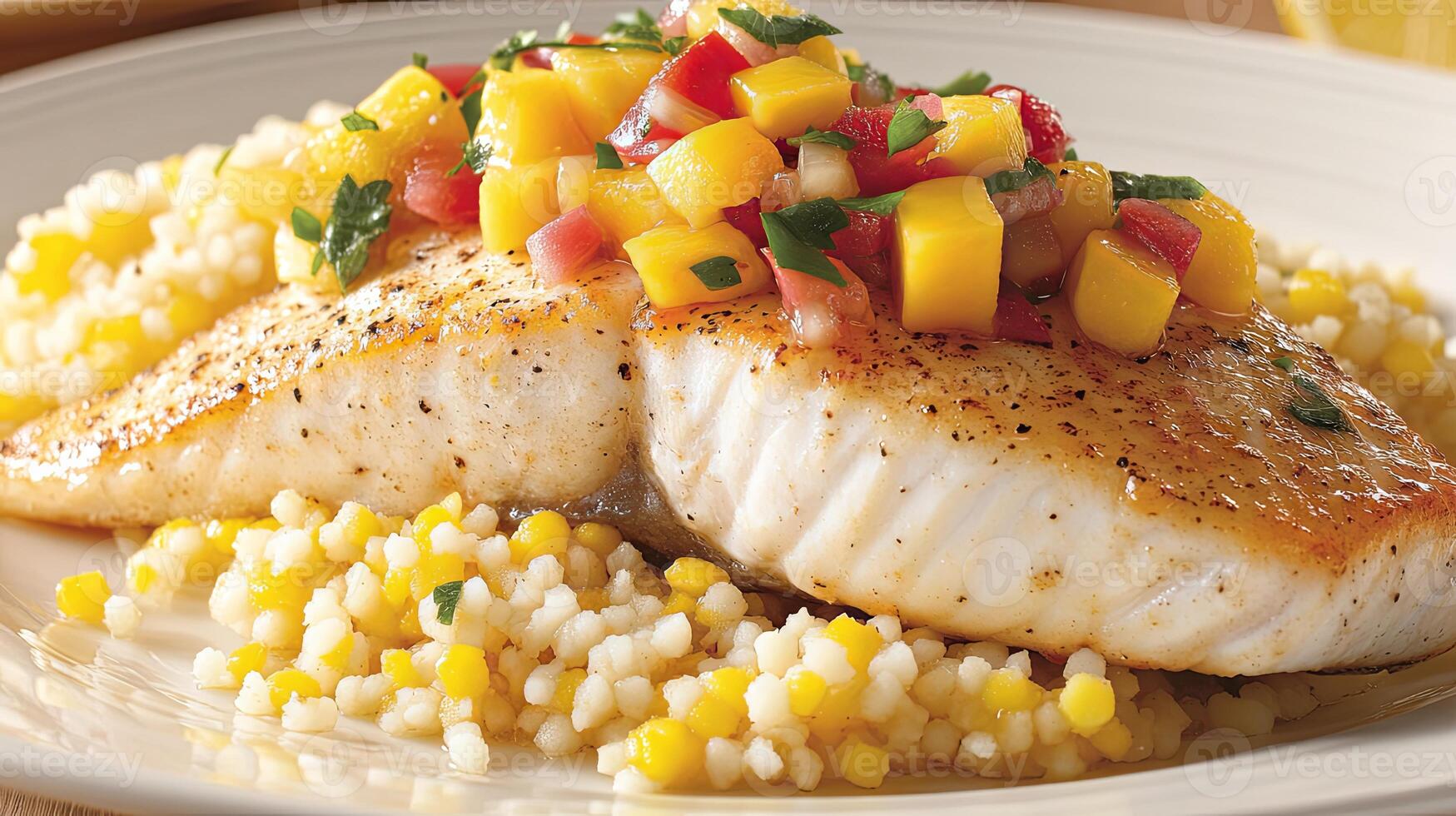 Pan Cooked Fish with Mango Salsa and Orzo photo