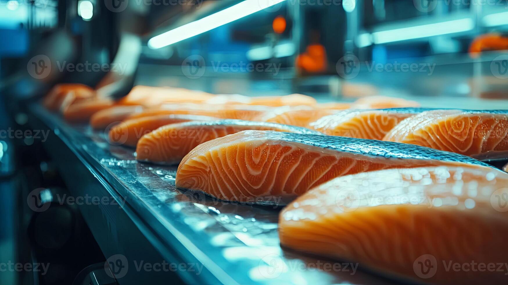 Salmon Slices Traveling on a Conveyor in a Modern Food Processing Plant photo