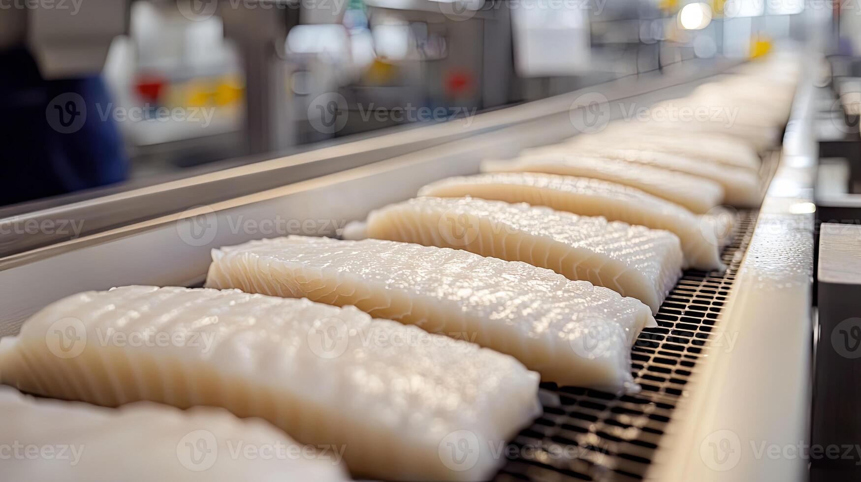 Fresh Fish Fillets on a Conveyor Belt photo
