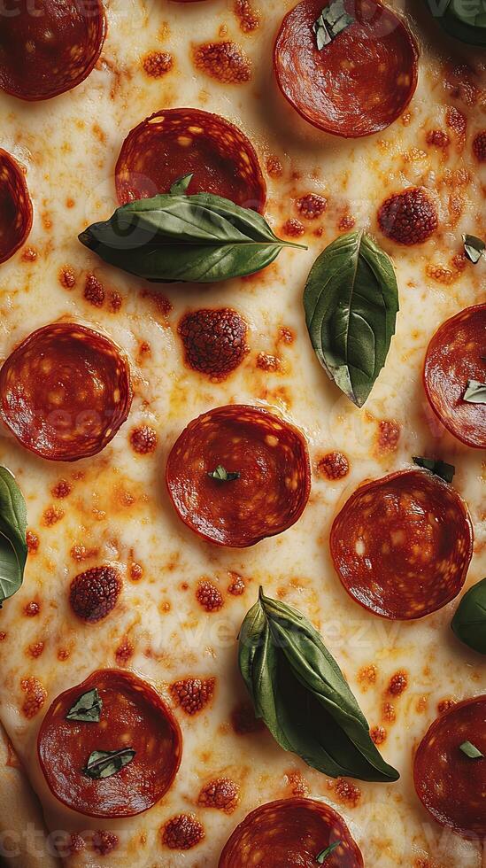 Close-up view of a mouthwatering pepperoni pizza with melted cheese and fresh basil photo