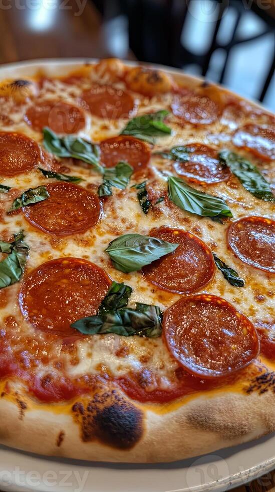 Tasty Pepperoni Pizza Topped with Fresh Basil photo