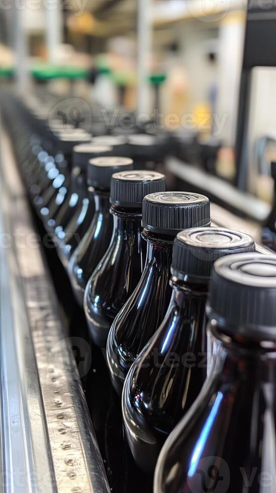 Dark Bottles on a Conveyor Belt in a Production Facility photo