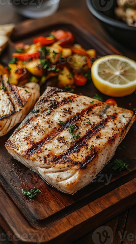 Grilled Fish Served with Roasted Vegetables and Lemon photo