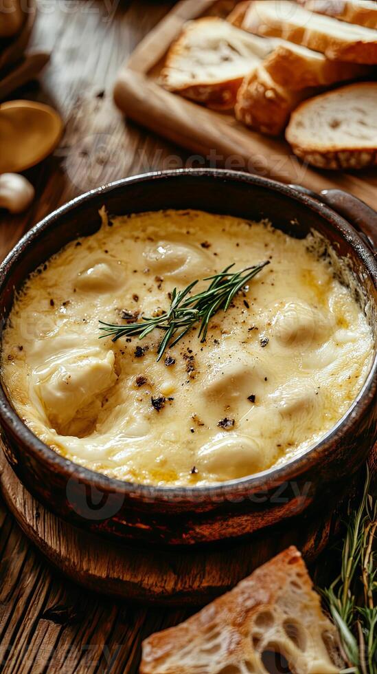 A Hearty Cheese Dip with a Smooth Creamy Texture Paired with Crusty Bread photo