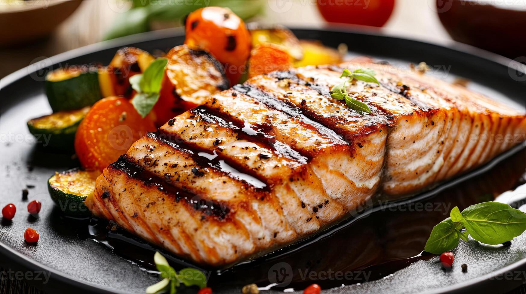 A Flavorful Culinary Delight Grilled Salmon and Roasted Vegetables photo