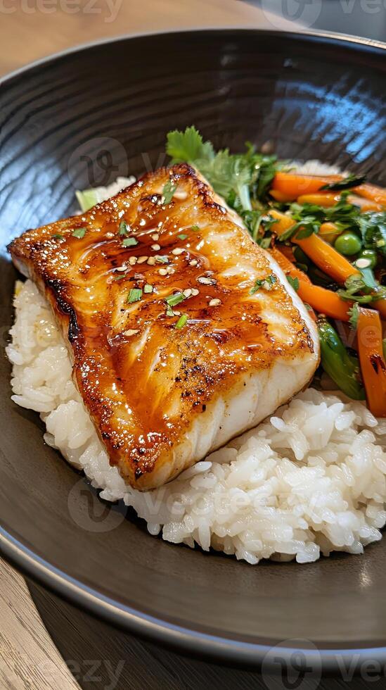 Teriyaki Fish with Rice and Vegetables - Exquisite Culinary Delight photo