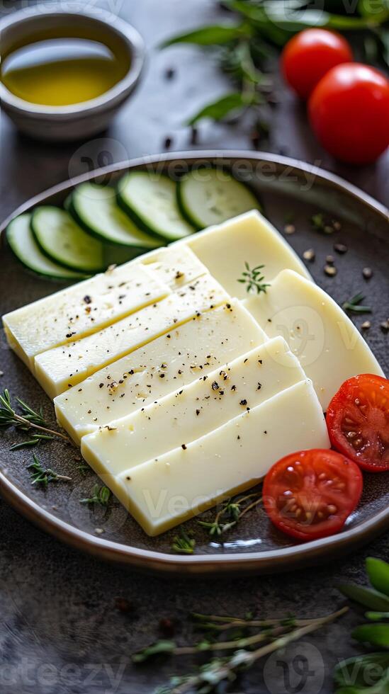 Sliced Cheese with Cucumber and Tomatoes photo